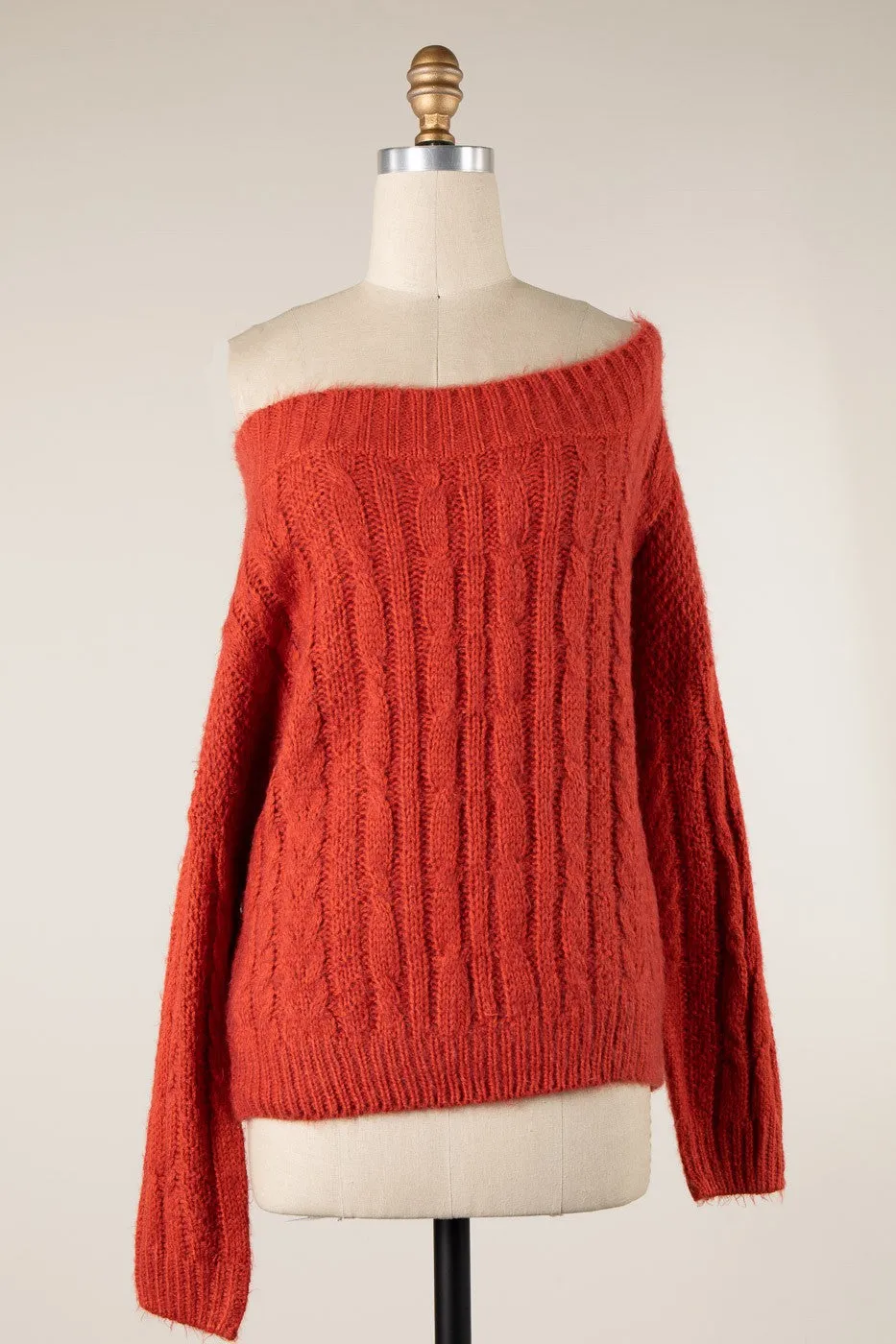 LONG SLEEVE BOAT NECK RIBBED TRIM BRAID CABLE KNIT SWEATER 1 PACK