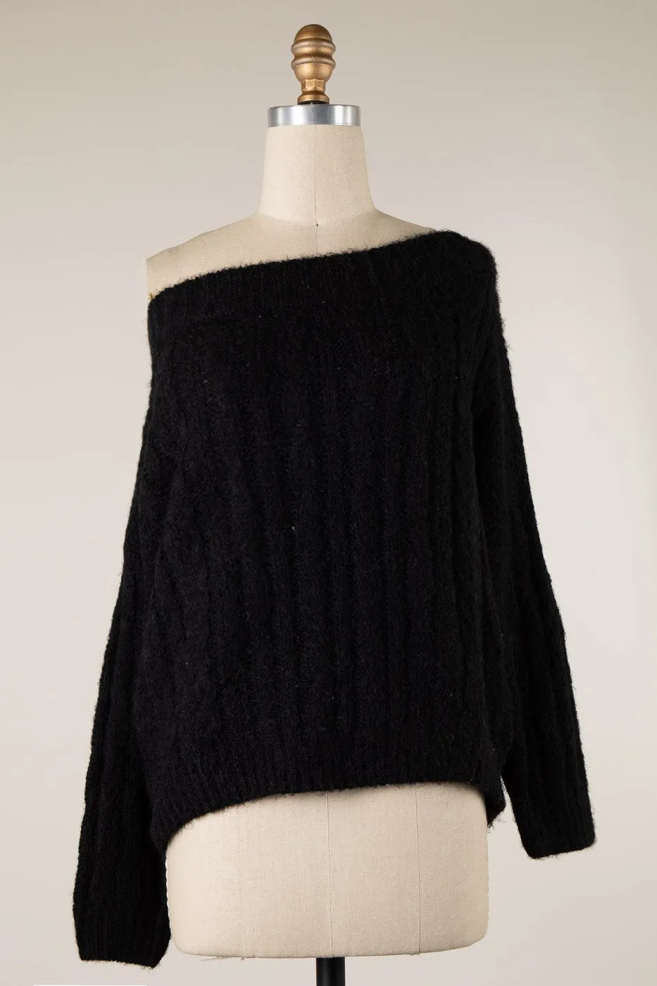 LONG SLEEVE BOAT NECK RIBBED TRIM BRAID CABLE KNIT SWEATER 1 PACK
