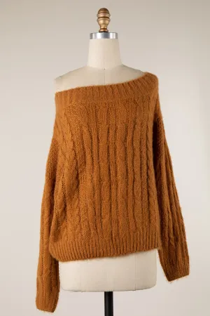 LONG SLEEVE BOAT NECK RIBBED TRIM BRAID CABLE KNIT SWEATER 1 PACK