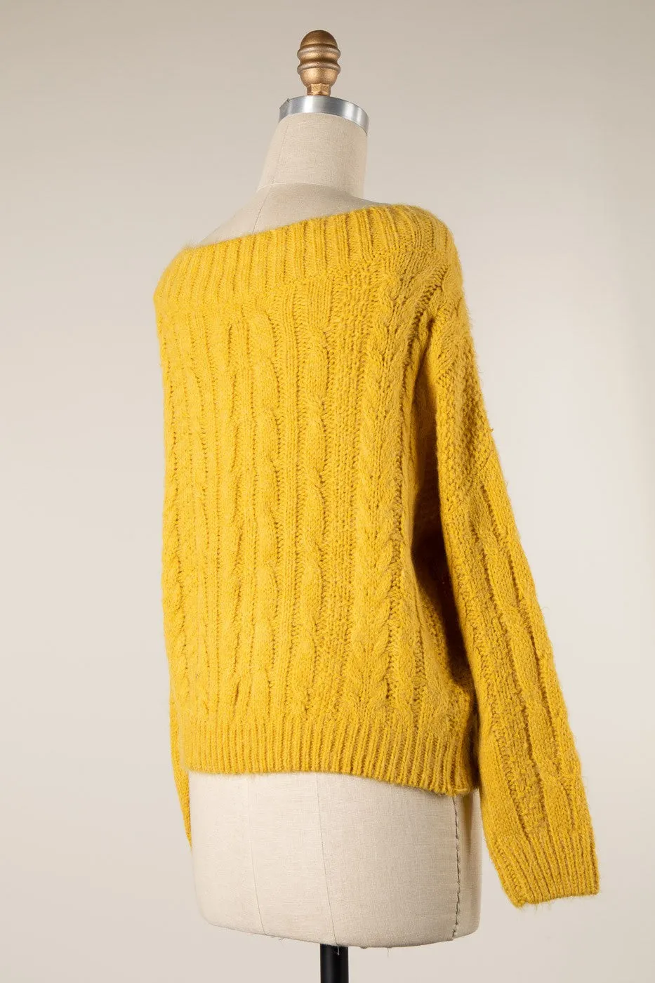 LONG SLEEVE BOAT NECK RIBBED TRIM BRAID CABLE KNIT SWEATER 1 PACK