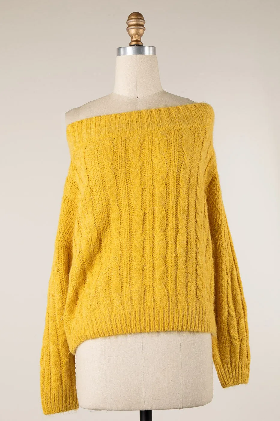LONG SLEEVE BOAT NECK RIBBED TRIM BRAID CABLE KNIT SWEATER 1 PACK