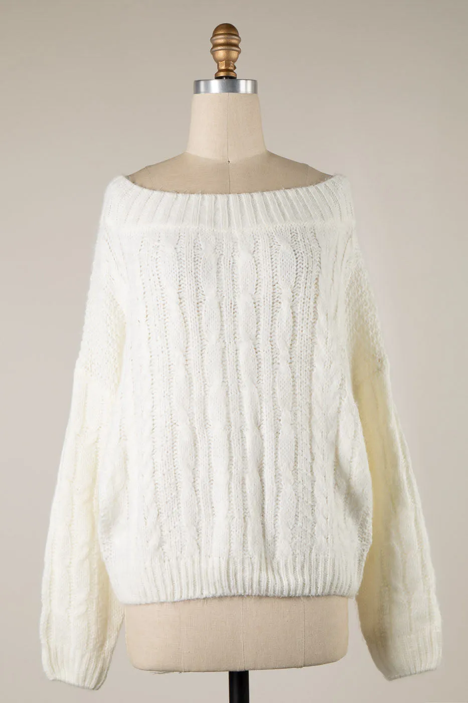 LONG SLEEVE BOAT NECK RIBBED TRIM BRAID CABLE KNIT SWEATER 1 PACK