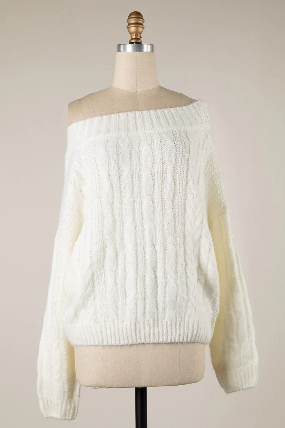 LONG SLEEVE BOAT NECK RIBBED TRIM BRAID CABLE KNIT SWEATER 1 PACK