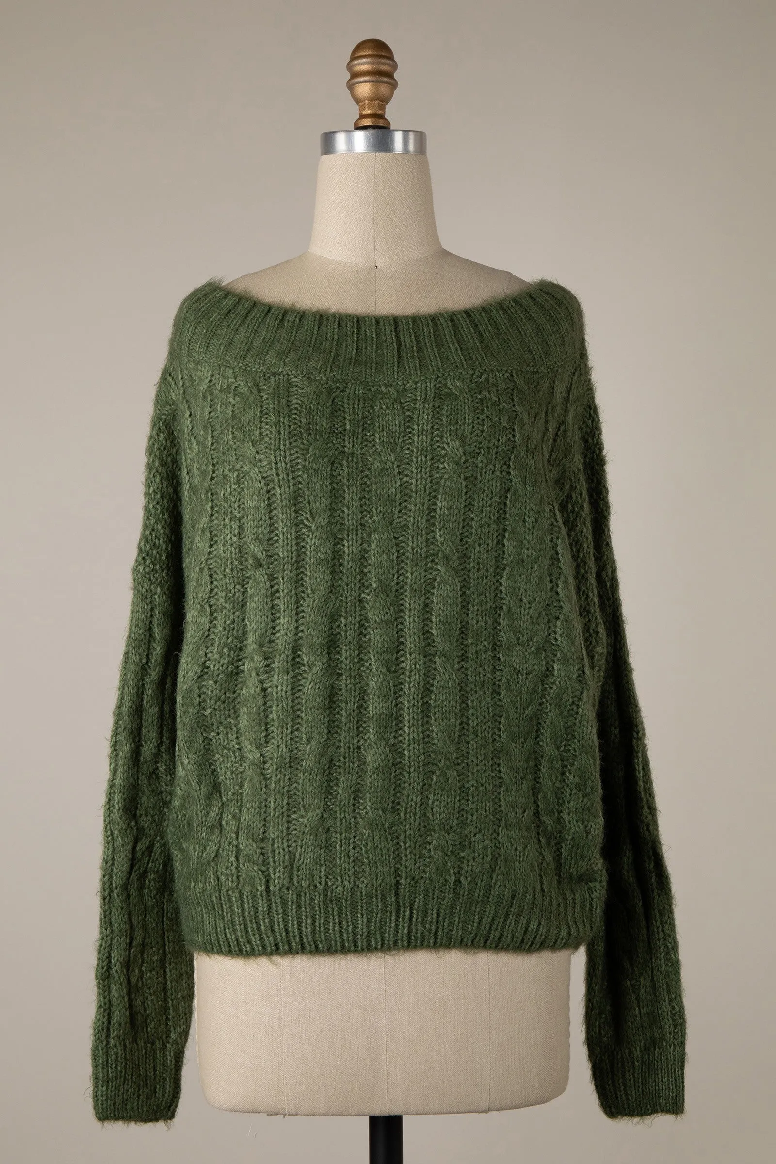 LONG SLEEVE BOAT NECK RIBBED TRIM BRAID CABLE KNIT SWEATER 1 PACK