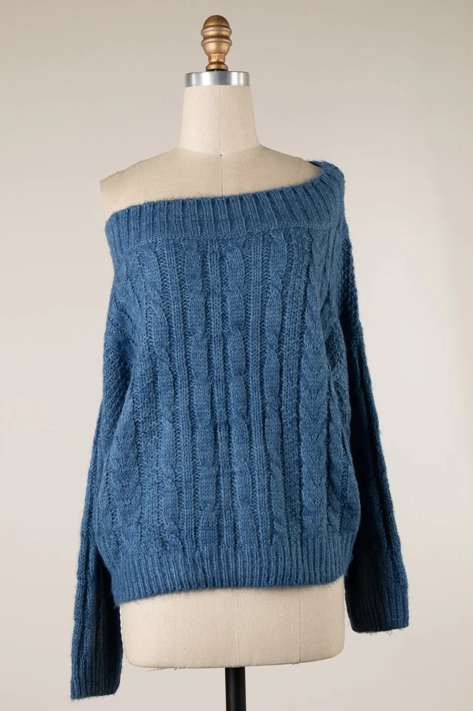 LONG SLEEVE BOAT NECK RIBBED TRIM BRAID CABLE KNIT SWEATER 1 PACK
