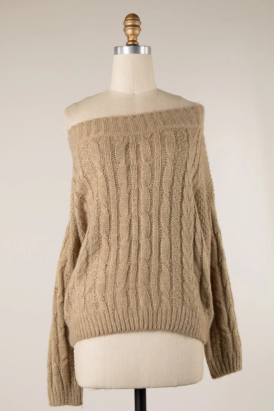 LONG SLEEVE BOAT NECK RIBBED TRIM BRAID CABLE KNIT SWEATER 1 PACK