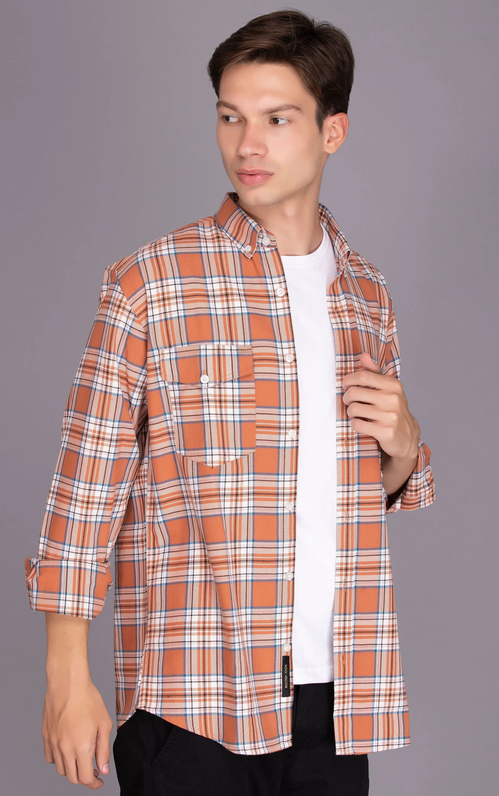 Orange PURE COTTON FLANNEL CHECKED CASUAL SHIRT
