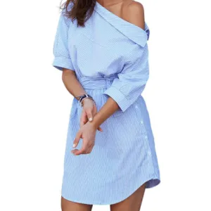 PEEP SHOULDER BLUE STRIPE DRESS