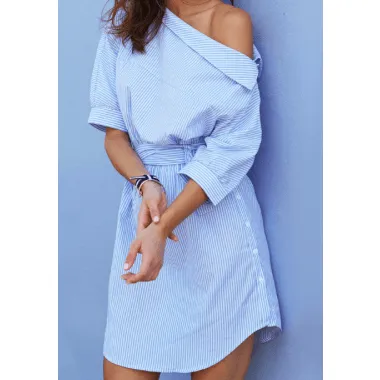 PEEP SHOULDER BLUE STRIPE DRESS