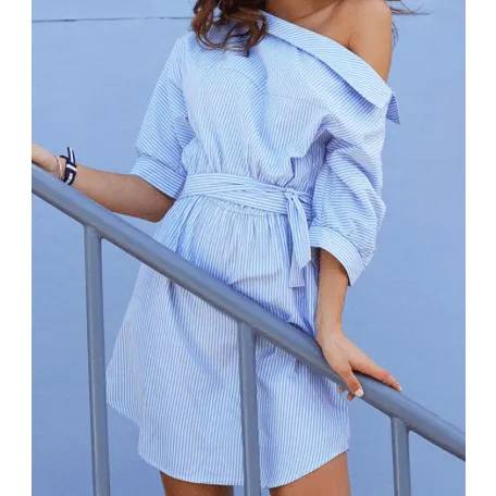 PEEP SHOULDER BLUE STRIPE DRESS