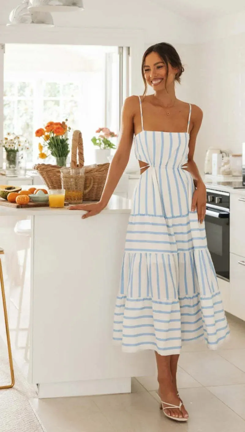 Sexy Backless Lace-up Stripe Sling Skinny Bra Midi Dress