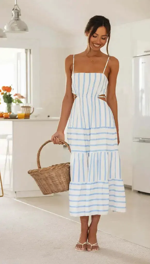 Sexy Backless Lace-up Stripe Sling Skinny Bra Midi Dress