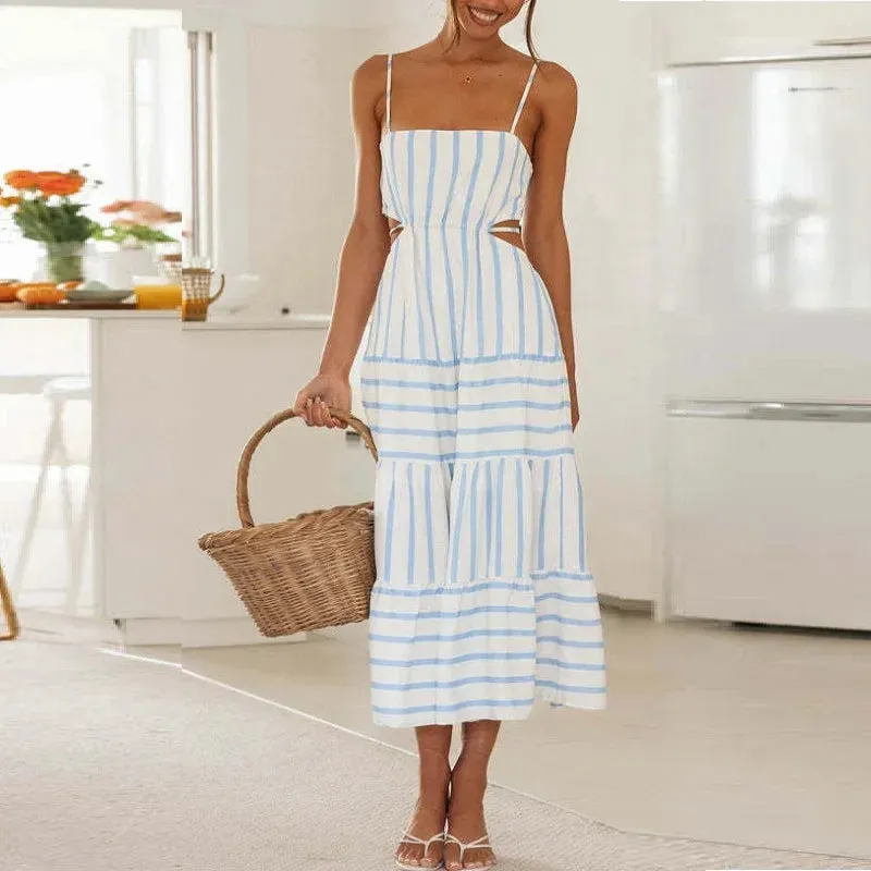 Sexy Backless Lace-up Stripe Sling Skinny Bra Midi Dress