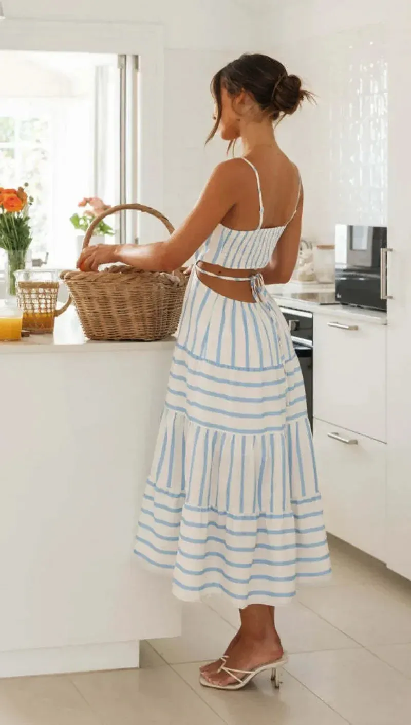Sexy Backless Lace-up Stripe Sling Skinny Bra Midi Dress