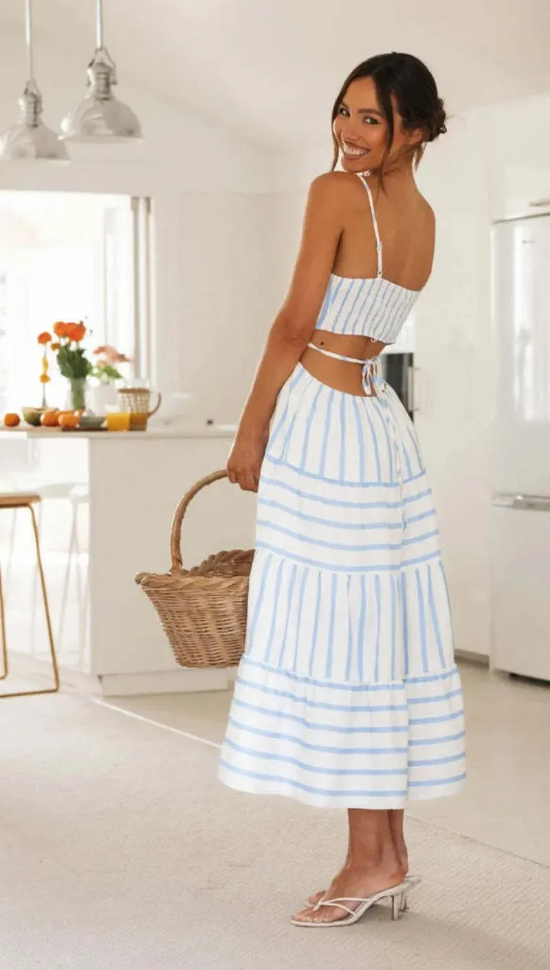 Sexy Backless Lace-up Stripe Sling Skinny Bra Midi Dress