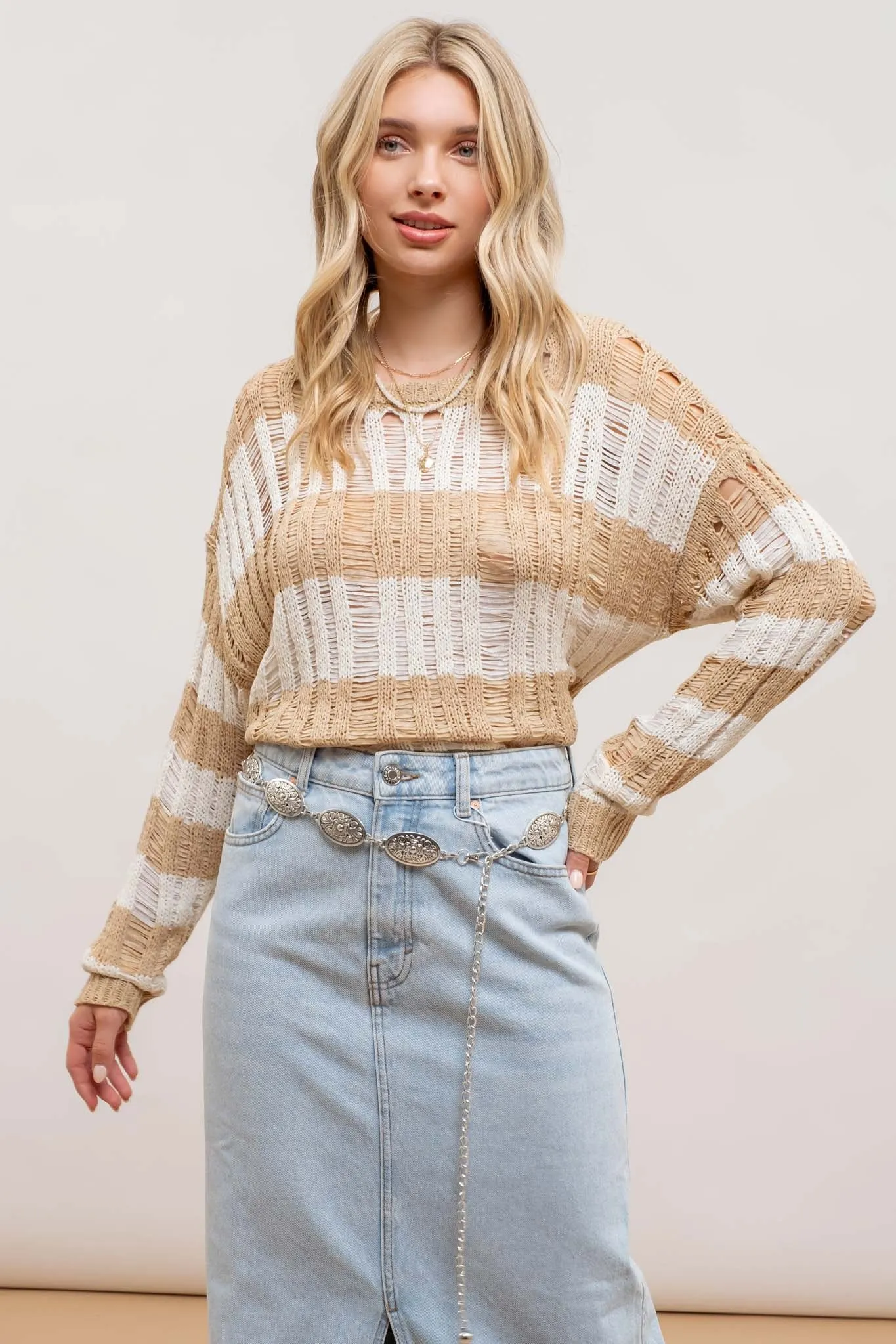 STRIPED LADDER KNIT PULLOVER SWEATER