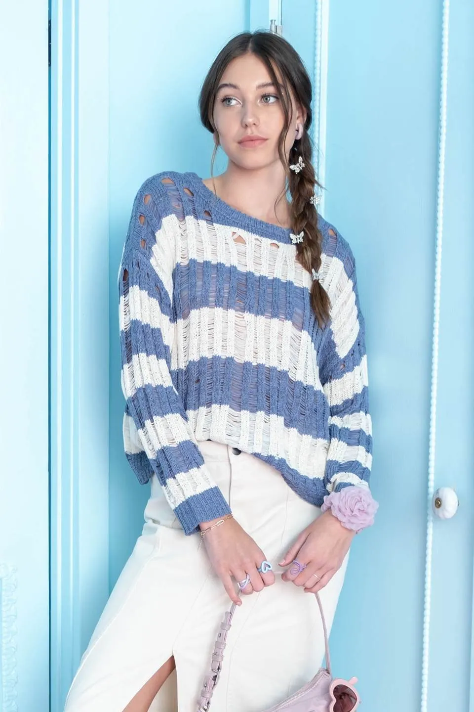 STRIPED LADDER KNIT PULLOVER SWEATER