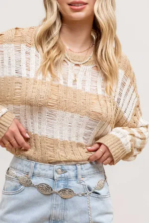 STRIPED LADDER KNIT PULLOVER SWEATER