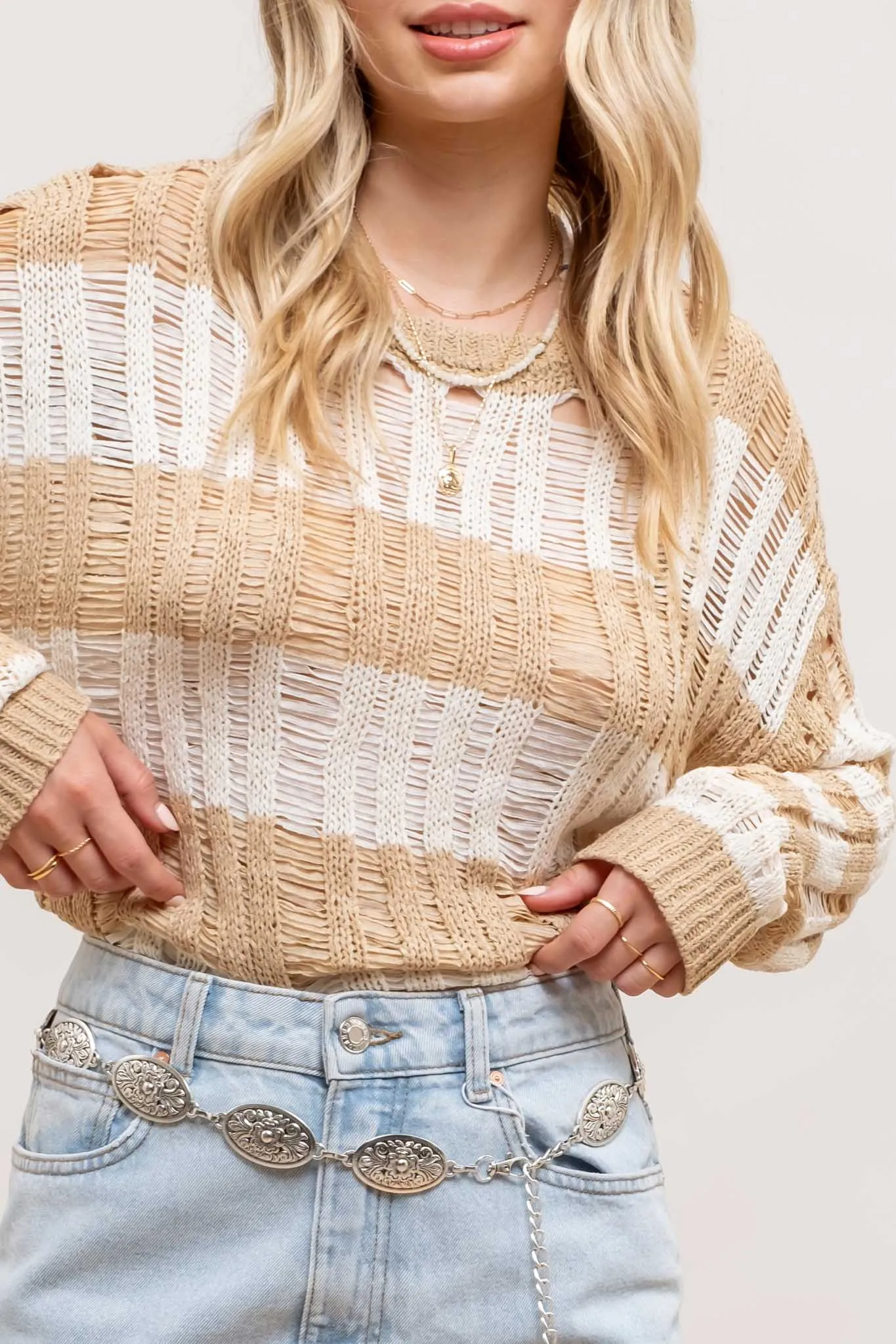 STRIPED LADDER KNIT PULLOVER SWEATER