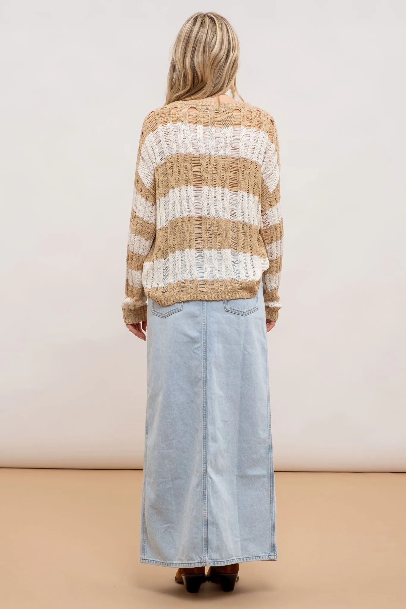 STRIPED LADDER KNIT PULLOVER SWEATER
