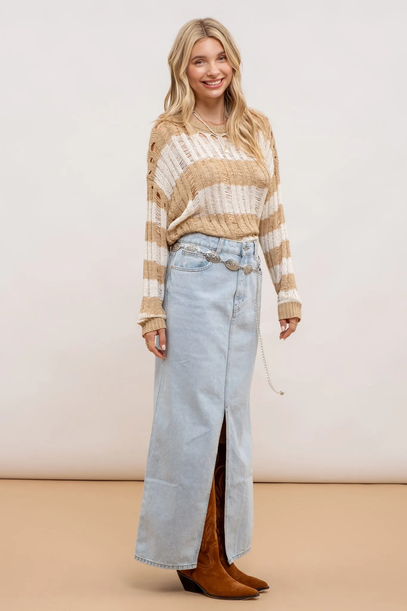STRIPED LADDER KNIT PULLOVER SWEATER