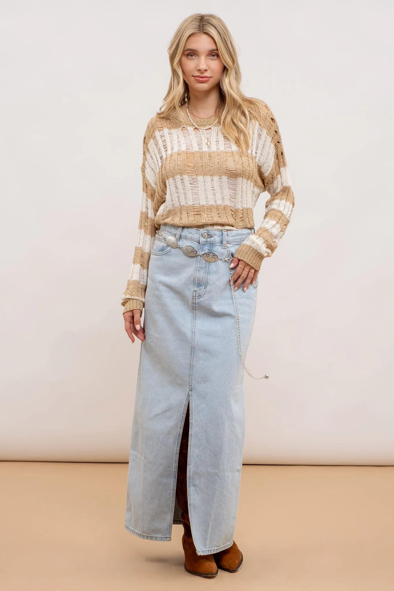 STRIPED LADDER KNIT PULLOVER SWEATER