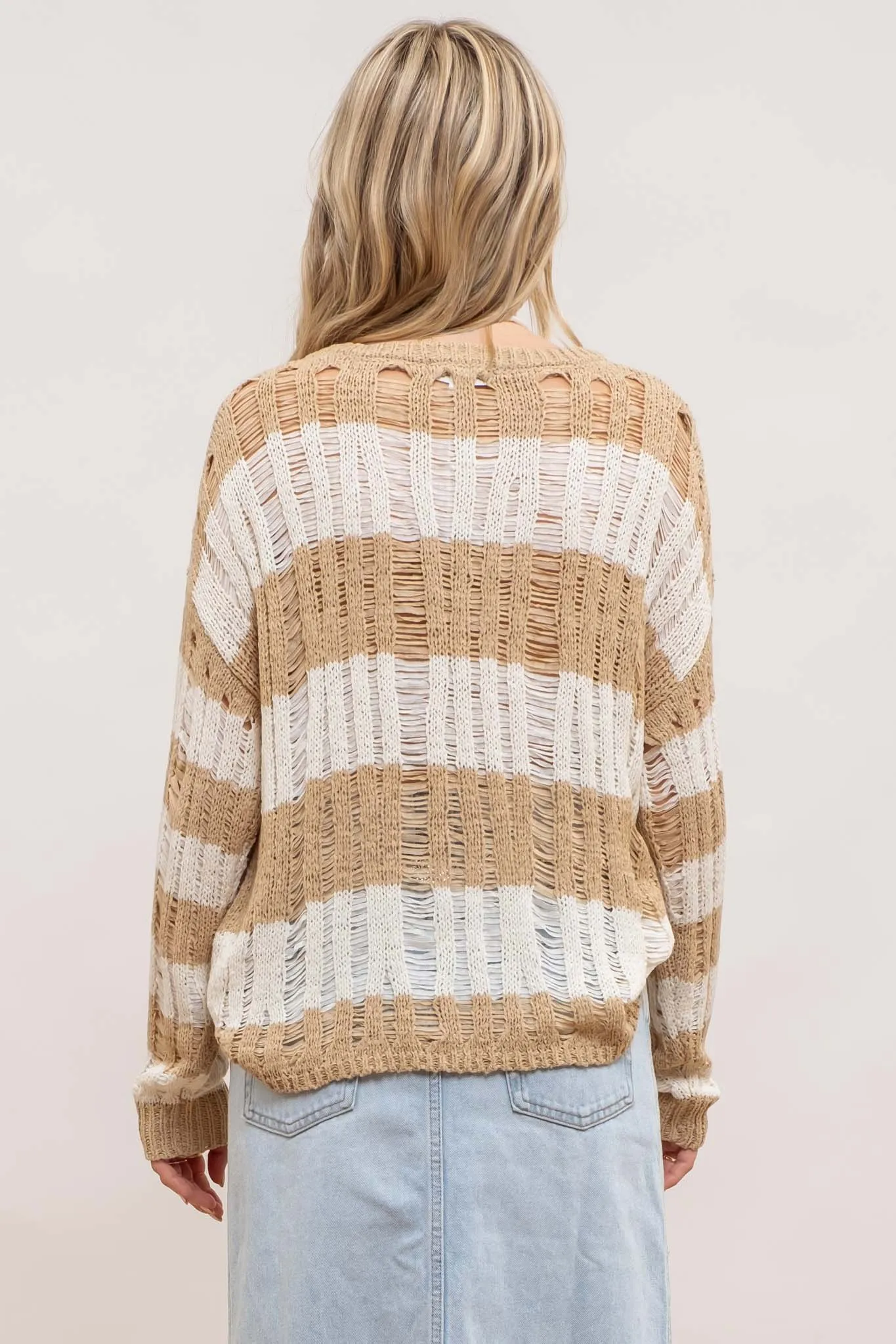 STRIPED LADDER KNIT PULLOVER SWEATER