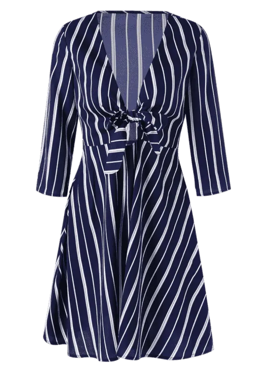 TastyHottie - Fashion Striped Plunging Neck Skater Dress
