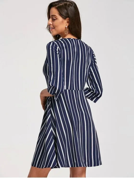 TastyHottie - Fashion Striped Plunging Neck Skater Dress