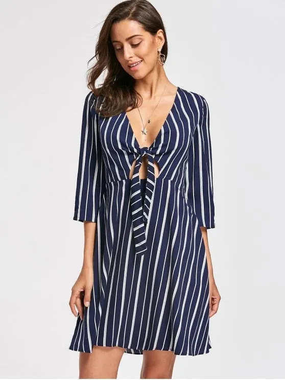 TastyHottie - Fashion Striped Plunging Neck Skater Dress